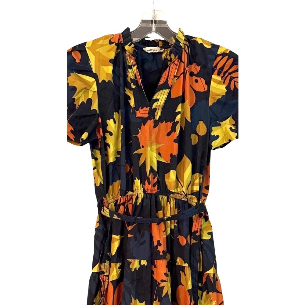 Maude Vivante Haley Midi Dress M Fall Leaves Belted Cotton Poplin Pockets - Picture 4 of 7